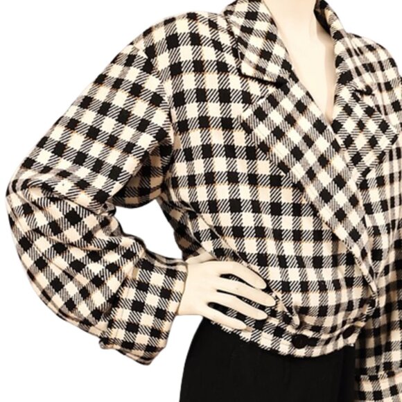 Vintage 1990s Valentino Designer Black Checked Oversized Wool Short Jacket - Picture 2 of 8